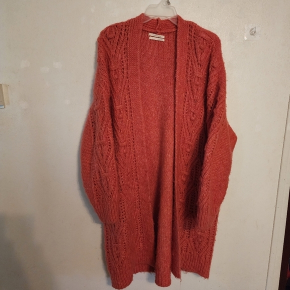 Anthropologie Nuria Open Front Textured Cable Knit Cardigan Sweater Coral Size L - Picture 1 of 11